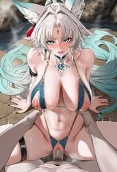 ai_generated animal_ears blue_eyes blush crotchless crotchless_panties drunk exposed_nipples exposed_pussy feixiao_(honkai:_star_rail) female grabbing_waist honkai:_star_rail long_hair looking_at_viewer male male_pov missionary_position moaning nipple_cutout nippleless_bra nippleless_clothes nipples pov pussy pussy_juice pussy_juice_string sex spread_legs straight sweat trembling vaginal_penetration white_hair