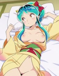 ai_generated aqua_hair bangs, blush bow breasts closed_mouth eyeshadow female futon green_hair hair_bun hairbow horns japanese_clothes kimono long_hair looking_to_the_side lying makeup medium_breasts navel nipples no_panties obi on_back oni oni_horns open_clothes open_kimono pillow red_bow sash solo tatami urusei_yatsura_(2022) yellow_eyes yellow_kimono