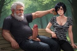 ai_generated black_and_white_stripes black_hair black_jeans breasts cookie cookie_for_sex emo_girl emo_hair female grandpa green_eyes hard_cock hard_dick hard_penis horny_grandpa horny_male male malin_svarre_(character) offering offering_cookie offering_food older_male older_male_and_younger_female park park_bench penis perfect_tits seniorolder_male t-shirt tree trees white_beard younger_female