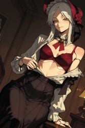 1female 1girls 2025 ai_assisted ai_generated background bloodborne bonnet bra collar doll doll_joints female female_focus female_only fromsoftware green_eyes light-skinned_female light_skin looking_at_viewer plain_doll pose posing posing_for_the_viewer red_bra shirt_open sitting smile smiling smiling_at_viewer undressing undressing_self video_game video_game_character video_game_franchise video_games white_hair white_shirt