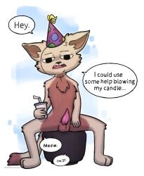 2k_games 3_toes abstract_background age_in_dialogue anthro balls beverage birthday_cat_(borderlands) black_eyes borderlands bored brown_body brown_countershading brown_fur cheek_tuft chinstrap clothing container countershading cup dialogue digital_drawing_(artwork) digital_media_(artwork) domestic_cat drinking_straw english_text erection facial_tuft feet felid feline felis fluffy fluffy_balls fluffy_chest front_view full-length_portrait fur furniture genitals greeting_viewer hat headgear headwear hi_res holding_beverage holding_container holding_cup holding_object internetwoof male male_focus male_only mammal meow no_source nude nude_anthro nude_male open_mouth oral_request party_hat penis pink_penis pointy_ears portrait presenting presenting_penis prick_ears requesting sex_request shaded signature simple_background sitting skinny solo speech_bubble spread_legs spreading stated_age stool tail talking_to_viewer tan_body tan_fur tapering_penis text thin_eyebrows thin_tail tired_expression toes toony tuft