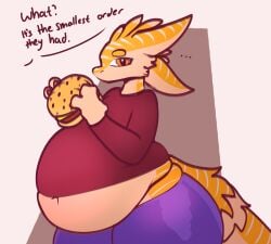 2023 3_fingers 4_ears avali avian burger chubby dialogue fat food giant holding_burger holding_food huge huge_belly male male_(lore) midriff obese orange_claws orange_eyes overweight purple_pants red_shirt sashimi_(avali) solo troplilly weight_gain yellow_feathers