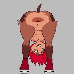 1:1 absurd_res anthro anus ass bent_over braces clothing eulipotyphlan eyewear female footwear footwear_only glasses hair hedgehog hexecat hi_res looking_at_viewer looking_through looking_through_legs mammal mostly_nude naked_footwear ollie_(lfswail) shoes shoes_only solo spiky_hair spread_anus spread_butt spreading wearing_glasses