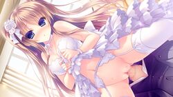 blue_eyes brown_hair censored game_cg garter_belt long_hair nekomori_mike nopan nyan_cafe_macchiato penis sex skyfish stockings vagina wedding_dress wet yukie