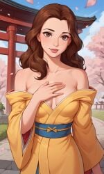 1girls ai_generated ass belle belle_(beauty_and_the_beast) bigmic145 breasts brown_hair cleavage disney disney_princess female kimono long_hair off_shoulder princess solo solo_female yukata