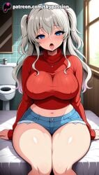 1girls 2025 ai_assisted ai_generated anime artist_name bed belly big_breasts big_breasts big_breasts big_chest blue_eyes blush breast breasts breasts breasts bust busty charlotte_(anime) chest explicit eyebrows_visible_through_hair female hi_res high_quality high_resolution highres indoors large_breasts long_hair navel open_mouth patreon patreon_username plump shorts silver_hair sitting skypassion solo stable_diffusion sweater thick_thighs thighs tomori_nao tongue tongue_out twintails watermark window