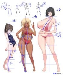 3girls absurd_res absurd_resolution absurdres belly belly_button belly_grab big_breasts bikini blonde_hair blue_eyes blue_swimsuit blush breasts brown_hair color colored curvy curvy_female curvy_figure dark-skinned_female dark_hair dark_skin female female_only gyaru high_res high_resolution highres looking_at_viewer massive_breasts mole mole_on_belly mole_on_stomach mole_under_eye nisp_art one-piece_swimsuit orange_eyes original petite_body petite_female pink_bikini red_bikini short_female shy small_breasts smug stomach swimsuit tall_female tummy tutorial