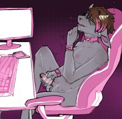 anthro bodily_fluids bovid caprine chair closed_eyes collar computer_desk computer_keyboard computer_mouse digital_media_(artwork) drooling electronics female furniture futanari genitals geometric_background goat grid_background hi_res intersex looking_pleasured mammal masturbation monitor office_chair pattern_background penetrable_sex_toy penis rose_(rosethegoat) ruinsofkirin saliva sex_toy sex_toy_masturbation simple_background solo trans_woman transfem
