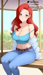 1girls ai_generated ariel ariel_(the_little_mermaid) bare_shoulders belt blue_camisole blue_eyes blue_pants blue_shirt blush breasts brown_belt camisole cleavage closed_mouth collarbone crop_top day denim disney female forehead jacket jeans large_breasts long_hair long_sleeves looking_at_viewer lovehent midriff navel off_shoulder open_clothes outdoors pants red_hair shirt sitting smile solo stomach strap_slip tank_top the_little_mermaid the_little_mermaid_(1989_film) white_jacket who_framed_roger_rabbit