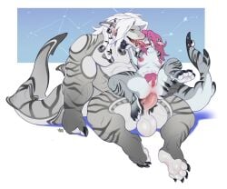 anthro ass bara big_butt claws duo female fish gonzalo_(gonsha) hairy_vulva hi_res hysterectomy_scar kissing male male/female marine markings muscular muscular_anthro muscular_male nipples pink_nipples pubes pussy severa_(sir_molo4ko) shark striped_markings stripes thick_thighs tongue yaoi