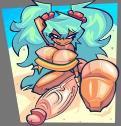 1futa aqua_hair arms_up ass big_ass big_breasts bikini bracelet brazilian_miku breasts cleavage dark-skinned_female earrings erection futanari grin hair_flower hair_ornament hatsune_miku huge_breasts jewelry large_penis long_hair lottieplus penis shorts smile solo solo_female squatting tan testicles thick thick_thighs toes veiny_penis vocaloid yellow_shirt