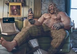 1boy 2025 avengers avengers:_endgame beard blonde_hair blur_censor bottomwear censored clothed convenient_censoring detailed_background dick_pic erect_penis erection_under_clothes facial_hair feet headphones headwear male male_only marvel message muscular muscular_male penis precum precum_on_penis precum_through_clothing sitting sitting_on_sofa slightly_chubby smartphone sofa solo text text_box thor_(marvel) topless