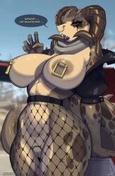 2020s 2024 2d 2d_(artwork) abs anthro anthro_only anthrofied ass bethesda_softworks big_ass big_thighs black_lipstick breasts car claws curvaceous curvy deathclaw dialogue door_knocker_nipple_piercing english english_text fallout female female_deathclaw fishnet_legwear fishnets furry furry_female furry_only goth gothic hi_res highres hips horns hourglass_figure huge_ass large_ass large_thighs long_claws long_tail lyorenth-the-dragon nasal_piercing nipple_piercing non-mammal_breasts nude nude_female piercing practically_nude round_ass scales scalie sharp_claws sharp_teeth stitches tail talking_to_viewer teeth thick_tail thick_thighs thighs toned toned_female toned_stomach topless voluptuous wide_hips yellow_eyes