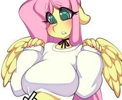 2025 5_fingers animated anthro areola blush breasts clothed clothing clothing_lift equid equine eyebrows eyelashes female fingers fluttershy_(mlp) friendship_is_magic hasbro hi_res mammal my_little_pony mythological_creature mythological_equine mythology nipples pegasus simple_background tolsticot white_background white_clothing wings