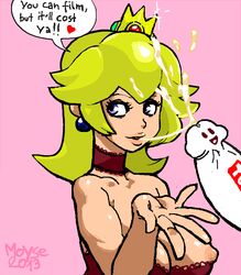 breasts clothes color crown cum english_text female human looking_at_viewer looking_right male mario_(series) moyse nintendo nipples penis piercing princess_peach side_view straight tagme text