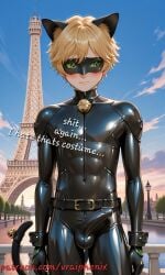 1boy adrien_agreste ai_generated black_suit blonde_hair blush bulge cat_noir chat_noir domino_mask eiffel_tower english_text erection erection_under_clothes france green_eyes male male_focus miraculous:_tales_of_ladybug_and_cat_noir miraculous_ladybug paris shy solo_male vraiphenix