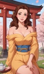 1girls ai_generated ass belle belle_(beauty_and_the_beast) bigmic145 breasts brown_hair cleavage disney disney_princess female kimono long_hair off_shoulder princess solo solo_female tease teasing yukata