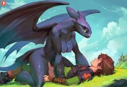 1boy 1girls ai_generated anthro anthro_on_human black_body black_eyes blush breasts breasts_out brown_hair cowgirl_position dark-skinned_female dark_skin dragon dragon_girl dragon_tail female hiccup_horrendous_haddock_iii how_to_train_your_dragon human_on_anthro laying_down laying_on_back looking_at_another looking_pleasured lucakp male patreon patreon_link patreon_logo patreon_url patreon_username riding_penis rule_63 sex tagme toothless vagina vaginal_penetration vaginal_sex wings