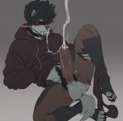 after_autofellatio anthro balls big_penis bodily_fluids brown_background canid canine canis clothing collar cum cum_in_mouth cum_in_own_mouth cum_in_self cum_inside cumshot domestic_dog ejaculation genital_fluids genitals ghostekey grey_background hi_res hoodie humanoid_genitalia humanoid_penis male mammal penis shiba_inu simple_background solo spitz thick_penis tongue tongue_out topwear