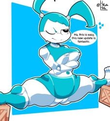 artist_name artist_signature blue_hair breasts breasts_out crate cyan_hair double_ponytail female frustrated hikurahaka jenny_wakeman karikhuri my_life_as_a_teenage_robot nipples robot robot_girl stretching tagme