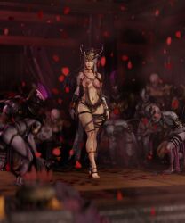 abs asian breasts bruise bruised_breast collar corruption demon female headgear jewels miao_ying neckwear nipple_piercing piercings purple_eyes slaanesh soboro warhammer_(franchise) warhammer_fantasy white_hair