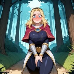ai_generated bangs belt black_bodysuit black_hairband blonde_hair blue_eyes blush bodysuit breasts bulge bush cape capelet closed_mouth clothing crotch_grab day erection erection_under_clothes female female_only forest futanari grass hairband hood intersex large_breasts league_of_legends long_hair looking_at_viewer lunaart lux_(league_of_legends) luxanna_crownguard medium_hair nature outdoors parted_bangs path penis red_capelet riot_games road solo standing sweat sweatdrop tree