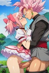 1boy ai_generated artist_logo confident confident_smile crossover crossover_pairing deity dragon_ball dragon_ball_super erection face_to_face facing_another female god goku_black hair_ribbon hi_res holding_waist imminent_sex madoka_kaname madoka_worship magical_girl magical_girl_outfit mahou_shoujo_madoka_magica male male_deity middle_finger outdoors petite pink_eyes pink_hair puella_magi_madoka_magica red_ribbon ribbon ribbons size_difference smug twintails zamasu