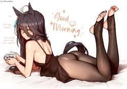 1girls ahoge animal_ears arched_back ass babydoll back bare_shoulders black_babydoll black_legwear black_nails black_pantyhose black_toenails english_text feet feet_up female female_only glistening_body good_morning hair_accessory hair_between_eyes highres holding_mug kemonomimi legs legwear light-skinned_female light_skin long_hair looking_at_viewer looking_back looking_back_at_viewer lying lying_on_stomach manhattan_cafe_(umamusume) nail_polish pantyhose parted_lips propped_up revealing_clothes shiwudesu shoulder_blades solo stirrup_legwear sweat sweatdrop sweating sweaty tail talking_to_viewer text thighs toe_ring toenail_polish toes umamusume unamused yellow_eyes