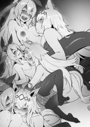 2girls absurdres animal_ears breast_sucking breasts french_kiss greyscale highres horse_ears horse_tail kingbole kissing long_hair monochrome multiple_girls multiple_views nipples no_shoes nude oguri_cap_(umamusume) open_mouth pantyhose small_breasts tail tamamo_cross_(umamusume) thighhighs umamusume very_long_hair yuri