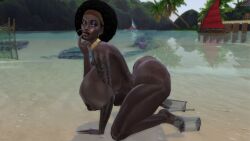 3d afro_hair beach big_ass big_breasts big_butt black_hair blue_eyes breasts dark-skinned_female female high_heels hoop_earrings looking_back nude nude_female sexy sexy_pose sims4 suggestive the_sims the_sims_4 twerking