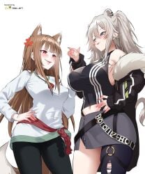 2girls absurd_res absurd_resolution absurdres animal_ears big_boobs big_breasts blush boobs breasts brown_hair canine_teeth color colored comic comic_panel comparing comparing_breasts crossover ear_piercing earring female female_only fully_clothed grey_eyes grey_hair high_res high_resolution highres holo_(spice_and_wolf) hololive hololive_gen_5 hololive_japan lion_ears lion_girl nipple_bulge nisp_art pants piercing red_eyes shirt shishiro_botan smug spice_and_wolf stocking tongue_out virtual_youtuber white_eyes white_hair wolf wolf_ears wolf_girl wolf_tail