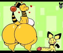 ampharos anthro areola ass balls big_breasts big_butt big_penis blush breasts brown_areola brown_nipples closed_eyes dipstick_ears duo ear_markings erection female generation_2_pokemon genitals heart_symbol hi_res huge_butt huge_cock larger_female looking_at_viewer luanctoons male multicolored_ears nintendo nipples nude penis pichu pokemon pokemon_(species) pussy size_difference smaller_male smile thick_thighs vulva wide_hips yellow_body