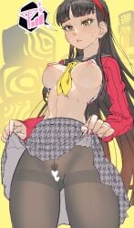 amagi_yukiko areolae black_hair blunt_bangs blush blush_lines breasts breasts_out brown_eyes cardigan censored hairband heart_censor leggings long_hair long_sleeves necktie nervous nipples no_bra painted_nails persona_4 pleated_skirt poechan presenting presenting_pussy pubic_hair school_uniform sheer_legwear skirt_lift speech_bubble sweat sweatdrop sweating
