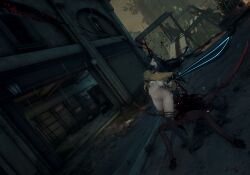 3d attack black_hair black_socks blood_splatter bottomless breasts female game_mod high_heels long_hair looking_at_viewer mod monster raven_(stellar_blade) revealing_clothes reverse_outfit screenshot serious_look stellar_blade stellarboi sweater sword thighhighs video_games yellow_sweater