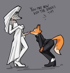accessory anthro bodily_fluids canid canine canis clothed clothing cock_ring crossdressing crossdressing_female crossdressing_male diane_foxington dreamworks dress duo emerycallahan female fox genital_fluids genitals hi_res imminent_sex jewelry male male/female mammal mr._wolf_(the_bad_guys) penis penis_accessory penis_jewelry precum suit the_bad_guys wedding_dress wolf