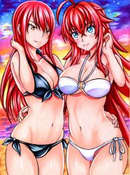 ahoge beach big_breasts bikini black_bikini blue_eyes blush breasts brown_eyes cleavage collarbone crossover erza_scarlet fairy_tail front-tie_top hand_on_another's_hip high_school_dxd large_breasts light_blush long_hair navel o-ring o-ring_bikini o-ring_top rafael_sketch rafaelsketch red-haired_female red_hair rias_gremory side-tie_bikini_bottom sidelocks smile sunset swimsuit thick_thighs thighs white_bikini wide_hips
