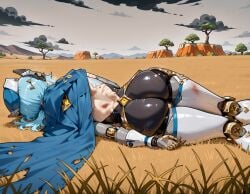 ai_generated android ass blue_hair cape defeat defeated_heroine female from_behind genshin_impact ineffa_(genshin_impact) lying on_side robot robot_girl ryona short_hair solo