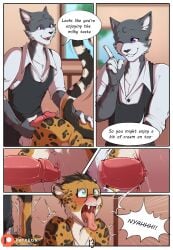 after_transformation anal anal_sex anthro anthro_on_anthro anthro_penetrated anthro_penetrating anthro_penetrating_anthro anus apron ass biped blush bodily_fluids bottomwear bottomwear_down cafe cheetah chest_tuft clothed clothing comic dialogue doggy_style domestic_cat drooling duo english_text erection eyewear fangs felid feline felis from_behind_position fully_clothed furniture genital_fluids genitals glans glasses green_eyes grope heart_eyes heart_symbol heartbeat heartbeat_line hi_res humanoid_genitalia humanoid_penis hybrid josiah_(narusewolf) male male/male male_anthro male_penetrated male_penetrating male_penetrating_male mammal meow narusewolf nude penetration penile penile_penetration penis penis_in_ass prodding purple_eyes rear_view saliva sex shirt snout standing surprised table tail talking_to_another teeth text tongue tongue_out topwear tuft wearing_glasses window