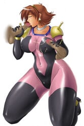 1girls ameoto bodysuit breasts brown_hair curvaceous fellatio female g_gundam gundam human large_breasts light-skinned_female light_skin male mobile_trace_suit oral penis pilot_suit rain_mikamura short_hair tagme