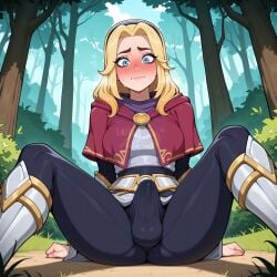 ai_generated arm_support balls black_hairband black_pants blonde_hair blue_eyes blush boots breasts bulge bush cameltoe capelet closed_mouth clothing covered_penis day erection erection_under_clothes female flying_sweatdrops forest futanari grass hairband hood hood_down intersex knees_up large_breasts league_of_legends long_hair long_sleeves looking_at_viewer lunaart lux_(league_of_legends) luxanna_crownguard medium_breasts medium_hair nature on_ground outdoors pants penis penis_in_panties red_capelet riot_games sitting solo spread_legs sweat testicles tree