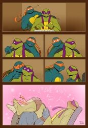 2_toes 3_fingers absurd_res anthro busy caressing caressing_face chair chair_activities chair_position clinging comic digital_media_(artwork) donatello_(tmnt) feet fellatio fingers from_behind_position furniture hi_res kissing kissing_cheek male male/male michelangelo_(tmnt) mishajeans oral penile penis reptile scalie sex shell sibling_(lore) sudden teenage_mutant_ninja_turtles toes turtle