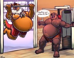 anthro anthro_pred anthro_prey bear belly big_belly big_muscles bodily_fluids bottomwear bovid bovine brown_bear brown_body brown_fur bulge chimera clothed clothing exercise exercise_clothing exercise_equipment fur grizzly_bear group gym huge_belly huge_muscles male male_pred mammal muscles muscular muscular_male obese obese_male overweight overweight_male pectoral_vore pull_up_bar red_tail shorts struggling struggling_prey sweat sweaty_body tail tanio topless trio unwilling_prey ursine villam_(randsom) vore