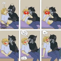 anthro artist_logo belly_rub black_clothing black_hair black_shirt black_topwear blonde_hair blue_eyes blush border_collie brown_eyes bulge bulge_grab canid canine canis clothed clothing clothing_lift collie comic covering covering_mouth detailed_bulge dialogue domestic_dog duo embarrassed english_text erection erection_under_clothing eye_contact full-face_blush fur grabbing_sheets grey_body grey_fur hair hand_in_pants hand_under_shirt herding_dog hi_res husky hybrid jeremy_(kriek_wildebeest) kriek_wildebeest logo looking_at_another looking_at_bulge looking_pleasured male male/male mammal moan multiple_scenes nordic_sled_dog open_mouth page_number pajamas pastoral_dog rape_face reclining sheepdog shirt shirt_lift six_frame_image smile smiling_at_another spitz text tom_(kriek_wildebeest) topwear wide_eyed wolf yellow_body yellow_fur