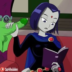 background beast_boy black_hair bottomless casual darkheidden emo female goth_girl green_skin handjob looking_away pants_down raven_(dc) reading_book superhero teen_titans