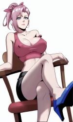 ai_generated big_breasts blue_eyes blue_footwear erect_nipples eyelashes female footwear fully_clothed high_heels hourglass_figure legs light-skinned_female long_legs low-angle_view manhua nipple_bulge pink_hair pink_topwear ponytail shorts sitting slender_body slender_waist solo solo_female the_great_curse_manhua topwear