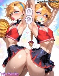 2boys ai_generated armpits ass ball_bulge blonde_hair blue_eyes blush braid bulge bulge_through_clothing cheerleader covered_nipples crossdressing earrings erection erection_under_clothes eyelashes eyeshadow femboy freckles green_lipstick heart lipstick looking_at_viewer male_focus multiple_boys navel nipple_bulge nipples_visible_through_clothing otoko_no_ko penis penis_bulge pink_lipstick pom_poms puffy_lips smile trap wizmothkey yaoi