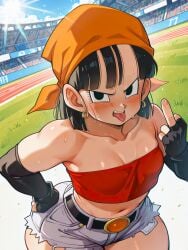 1female 1girls 3:4 3:4_aspect_ratio 3:4_ratio ai_generated angry angry_expression angry_eyes angry_face anime_eyes anime_girl anime_nose awlnsfw bandana bangs bare_shoulders baring_teeth belly belly_button belt biting_tongue black_belt black_eyebrows black_eyelashes black_eyes black_gloves black_hair blush breasts cleavage collarbone cropped_shirt croptop curvy curvy_body curvy_female curvy_figure curvy_hips curvy_thighs disgusted dragon_ball dragon_ball_gt ear earring earrings elbow_gloves eyelashes female finger_nails fingerless_gloves flat_chest flipping_off flipping_the_bird flipping_viewer_off grass grass_field hand_on_hip human jean_shorts jorts leaning leaning_forward leather_belt light_skin looking_at_viewer medium_hair middle_finger navel orange_bandanna outdoors outside pale_skin pan_(dragon_ball) public red_tubetop ripped_jeans ripped_shorts safe_for_work saiyan saiyan_girl self_upload sfw short_shorts shorts small_breasts soccer_field solo stadium stadium_background standing sun sunlight sweating sweating_female sweating_profusely sweaty sweaty_body teeth teeth_showing thighs tongue tongue_out tubetop twitter_handle twitter_link twitter_sample twitter_username