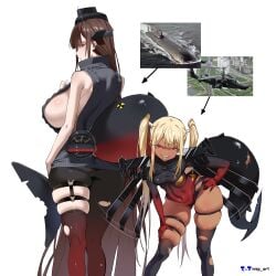 2girls absurd_res absurd_resolution absurdres ass belly belly_button belly_button_visible_through_clothing big_breasts blonde_hair blonde_hair_female breasts brown_hair color colored dark-skinned_female dark_skin emotionless expressionless female female_only hat helicopter high_res high_resolution highres humanization leather_straps massive_boobs massive_breasts nisp_art original petite_body petite_female red_eyes ripped_clothing ripped_stockings shark_tail sideboob skin_tight skin_tight_suit smug stockings stomack submarine sweater thick thick_thighs tights tummy