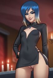 1girls 2d ai_generated blue_eyes blue_hair breasts civitai cleavage digital_drawing_(artwork) dress eve_(summertime_saga) female female_focus female_only light-skinned_female light_skin nipples nipples_visible_through_clothing no_panties no_panties_under_dress no_underwear pussy pussy_lips shaved_crotch shaved_pussy small_breasts summertime_saga teenage_girl teenager toberbog two_tone_hair