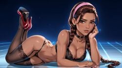ai ai-created ai_art ai_assisted ai_generated ai_hands alejandra_(overwatch) black_bra black_legwear black_lingerie black_panties brown_body brown_eyes brown_hair brown_skin landscape latina latina_female laying_down laying_on_floor laying_on_ground laying_on_side lingerie looking_at_viewer medium_breasts overwatch pink_hairband red_shoes red_stiletto_heels stockings teenage_girl teenager